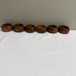 6 Teak Wood Round Napkin Rings MCM Hand‎ Carved in Philippines